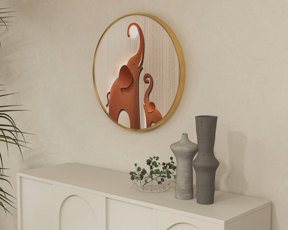 HMR - Realid Modern Elephant Wall Decor for Living Room Cute Painting with Frame in Brown