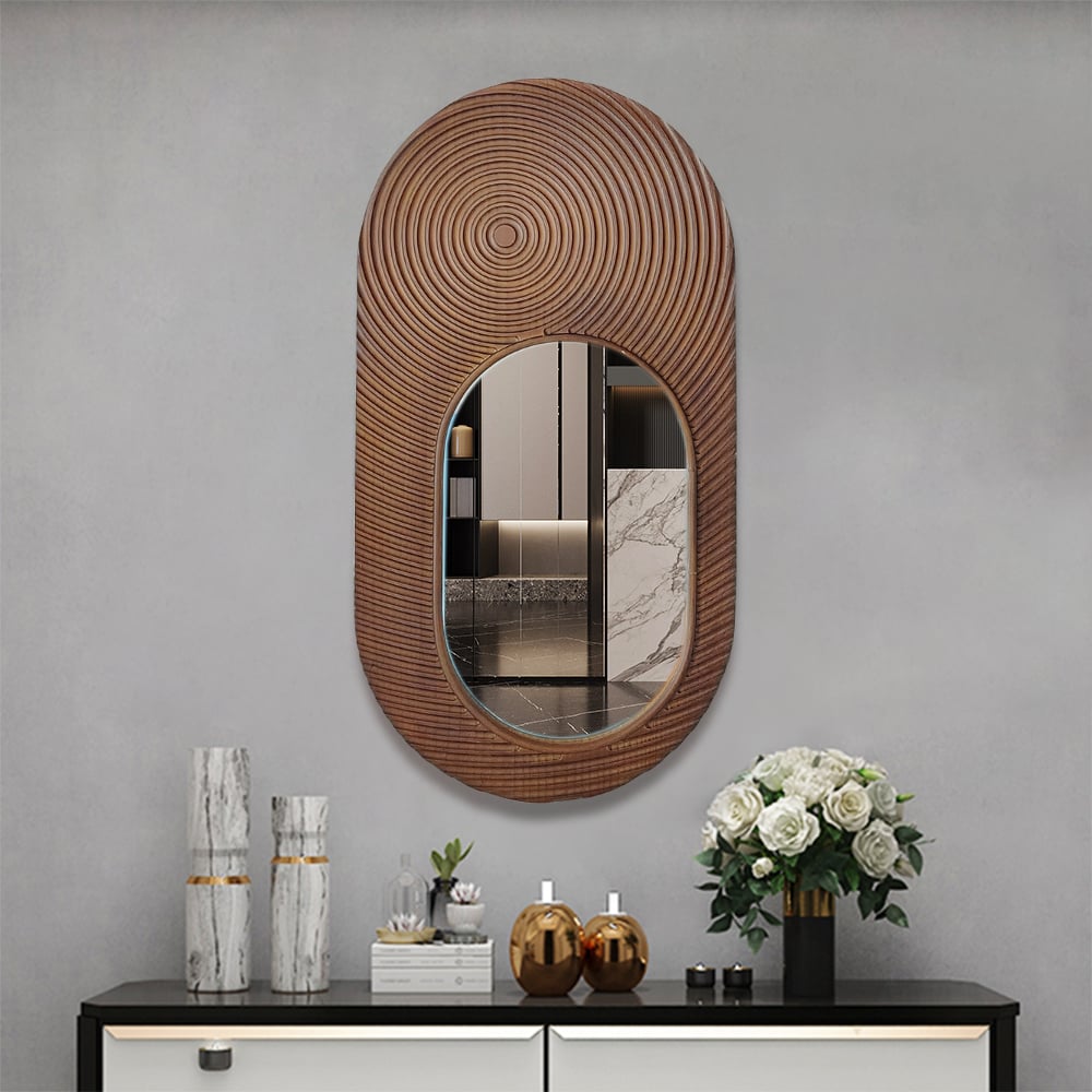 HMR - 37.4" Large Brown Oval Wall Mirror Decor with Circle Texture Frame Living Room Bedroom
