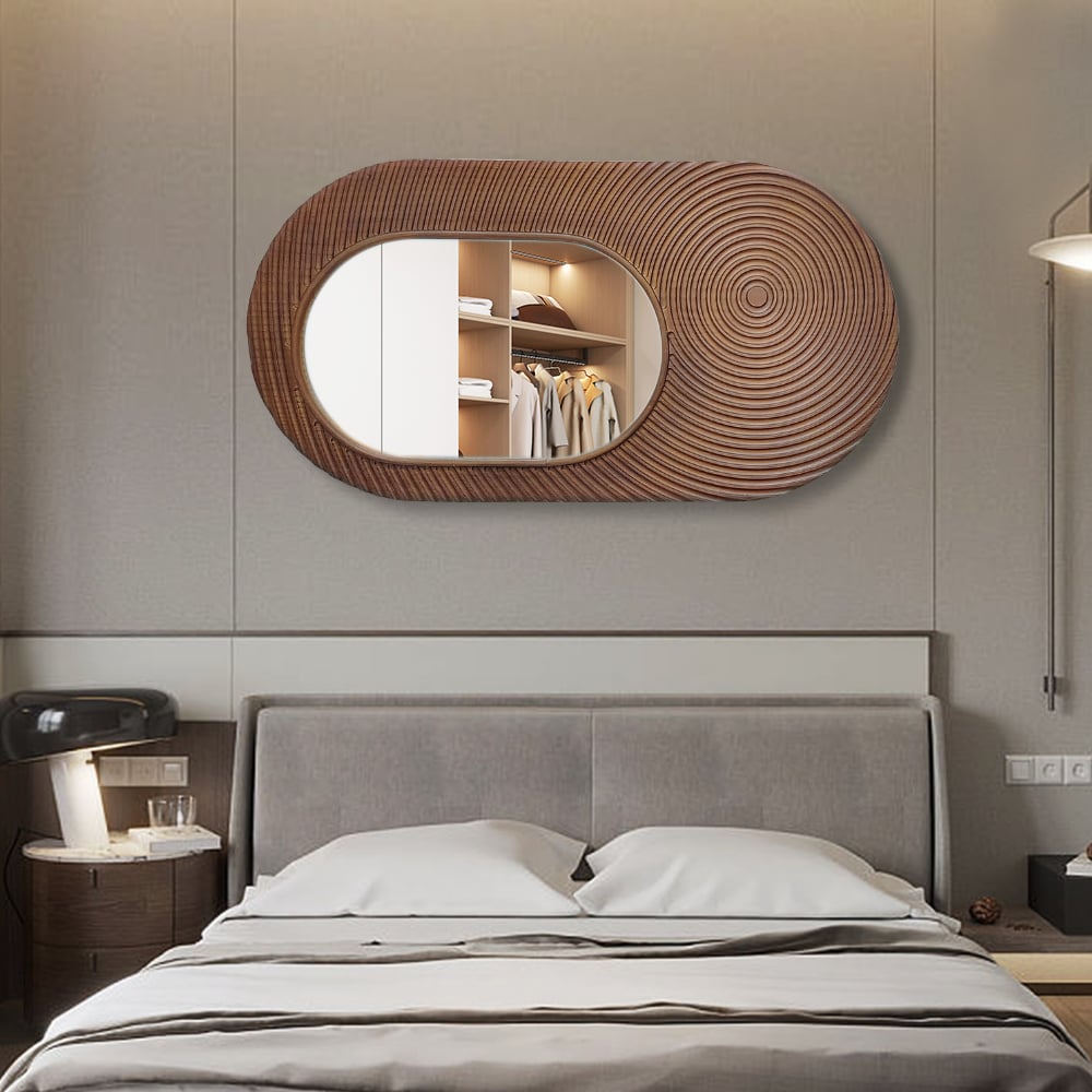 HMR - 37.4" Large Brown Oval Wall Mirror Decor with Circle Texture Frame Living Room Bedroom