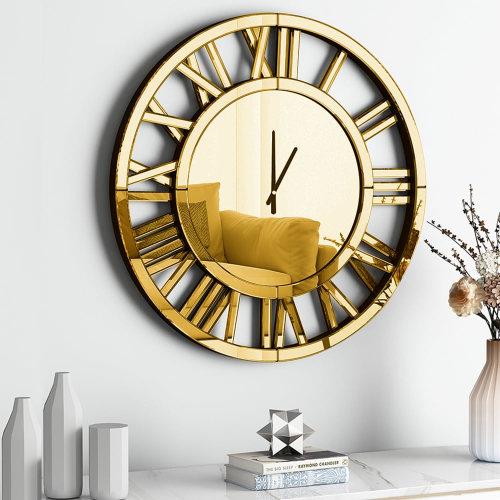 HMR - 23" Large Round Roman Numeral Silent Wall Clock Modern Acrylic Mirror Decor Art in Gold