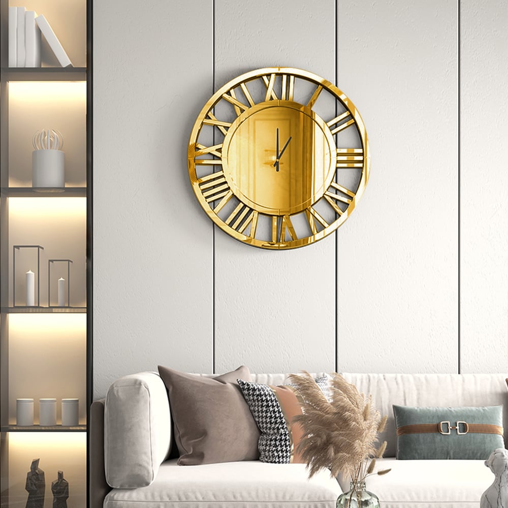 HMR - 23" Large Round Roman Numeral Silent Wall Clock Modern Acrylic Mirror Decor Art in Gold