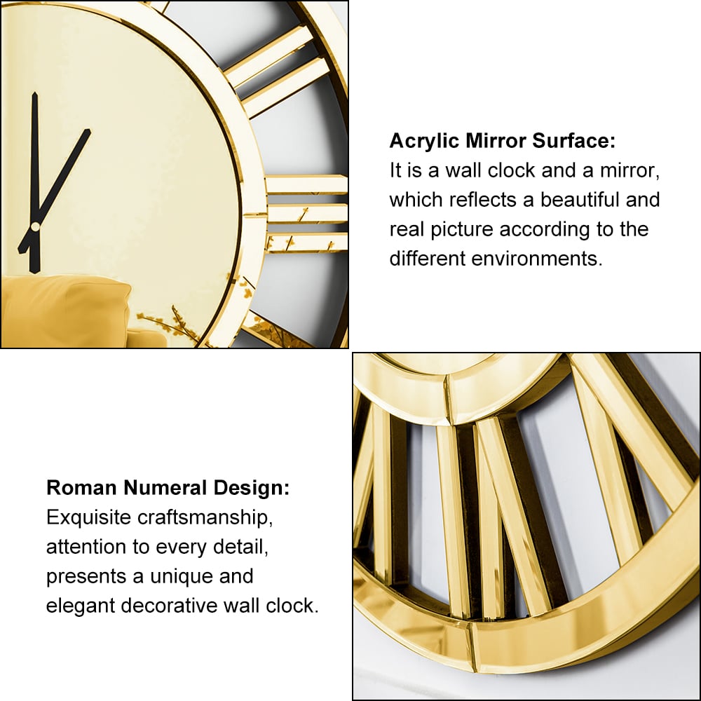HMR - 23" Large Round Roman Numeral Silent Wall Clock Modern Acrylic Mirror Decor Art in Gold