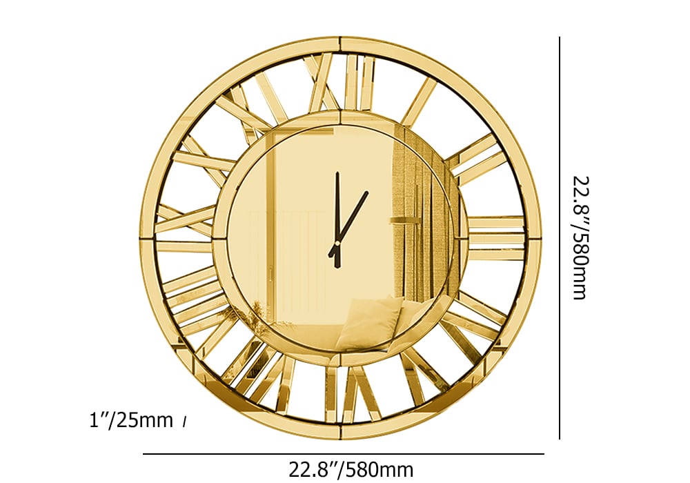 HMR - 23" Large Round Roman Numeral Silent Wall Clock Modern Acrylic Mirror Decor Art in Gold