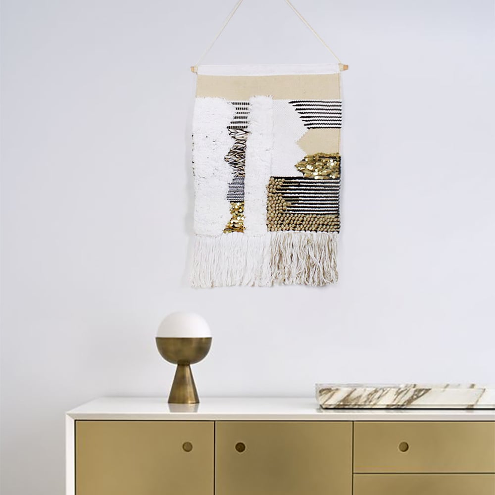 HMR - Modern Woven Black and Gold Blend Tapestry Macrame Wall Hanging