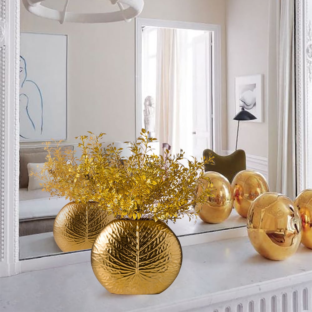 HMR - Bronze Gold Luxury Artificial Plants in Vase Creative Ceramic Vase Artificial Plants Set