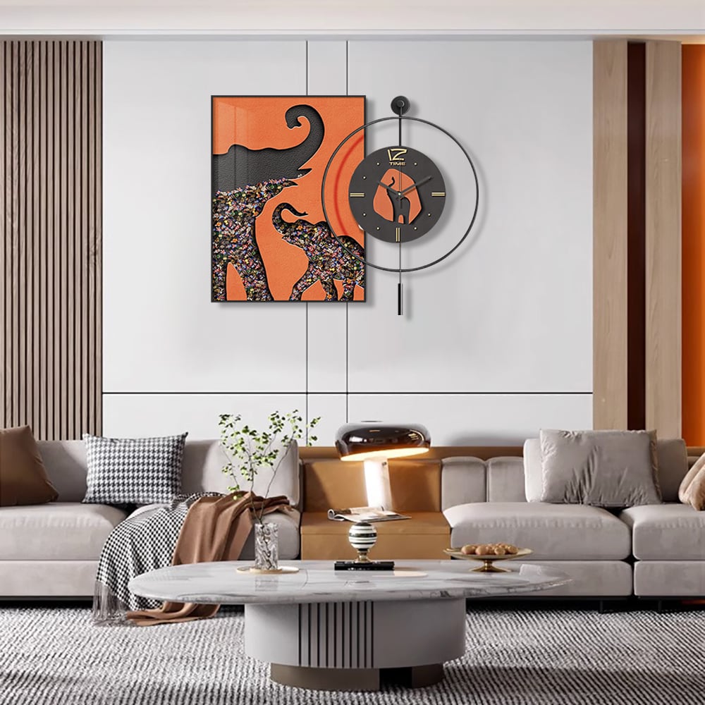 HMR - Goreal Round Wall Clock Orange Rectangle Elephant Building Blocks Decor Art Living Room