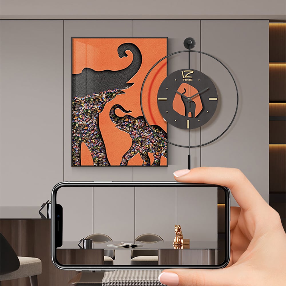 HMR - Goreal Round Wall Clock Orange Rectangle Elephant Building Blocks Decor Art Living Room