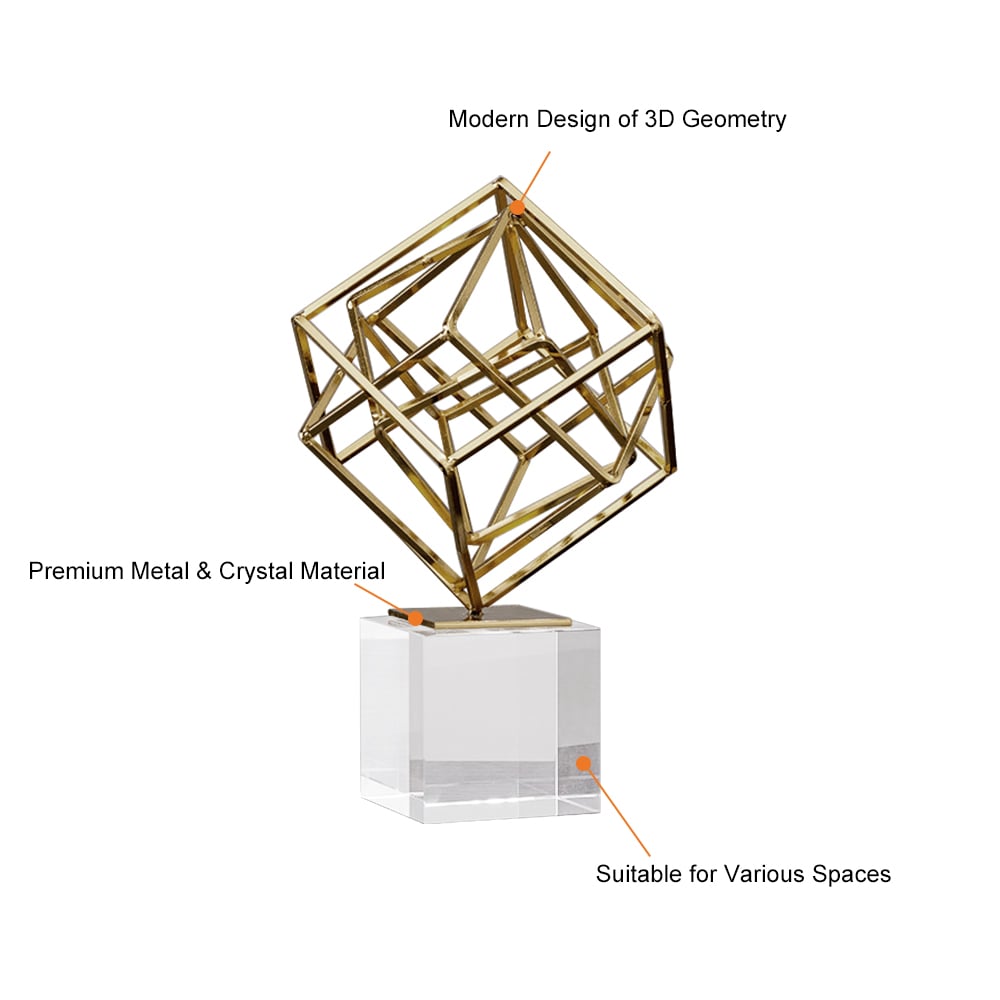 HMR - Modern Gold Metal 3D Geometry Ornament Figurine Sculpture Decor Art with Crystal Stand