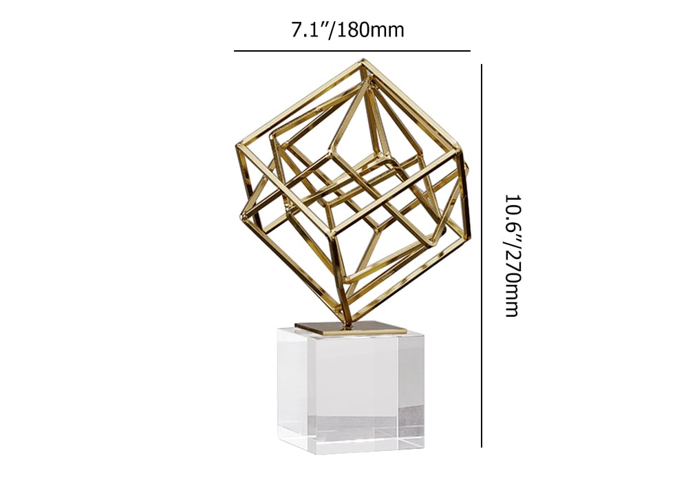 HMR - Modern Gold Metal 3D Geometry Ornament Figurine Sculpture Decor Art with Crystal Stand
