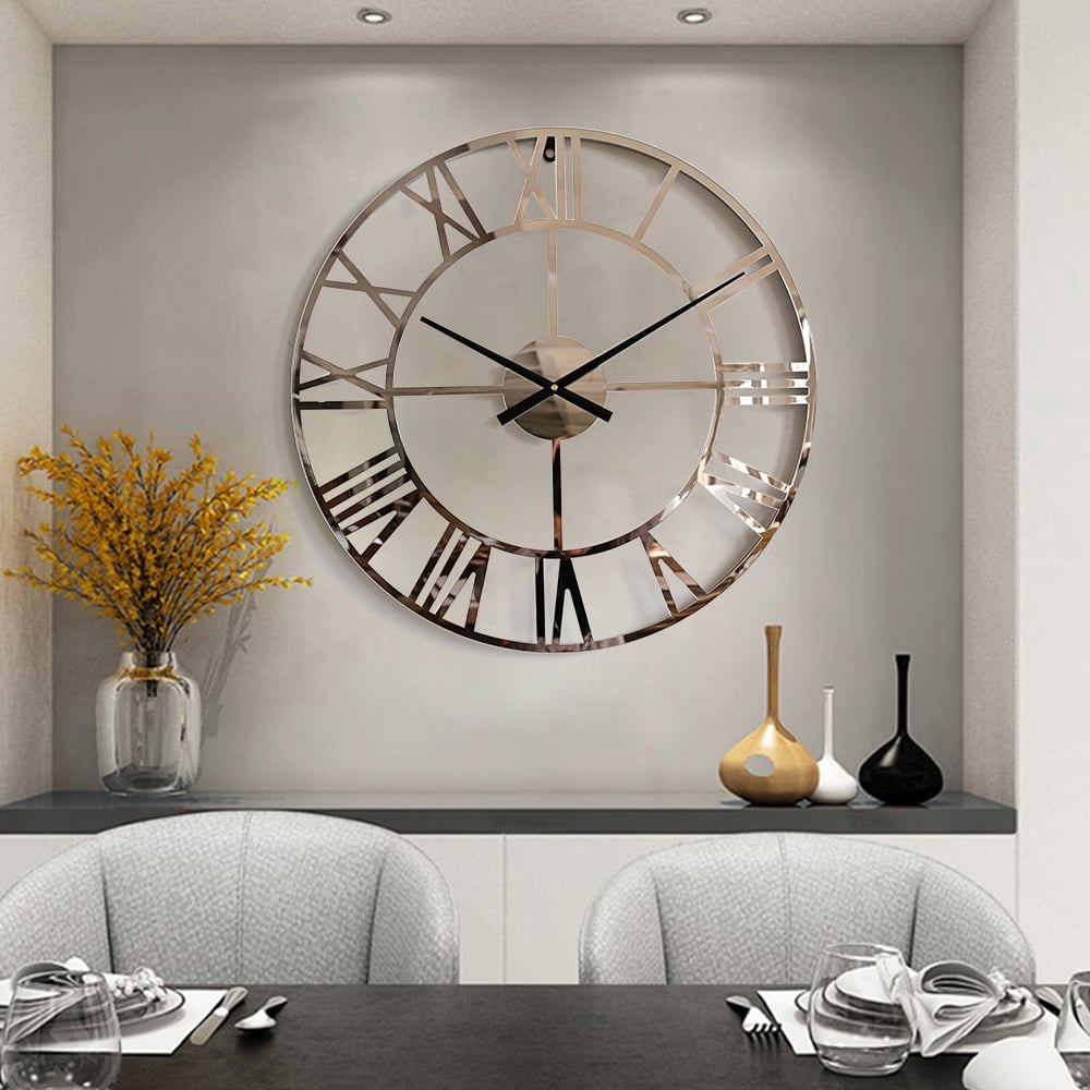HMR - 23" Large Round Silver Roman Numeral Silent Wall Clock Modern Acrylic Decor Art