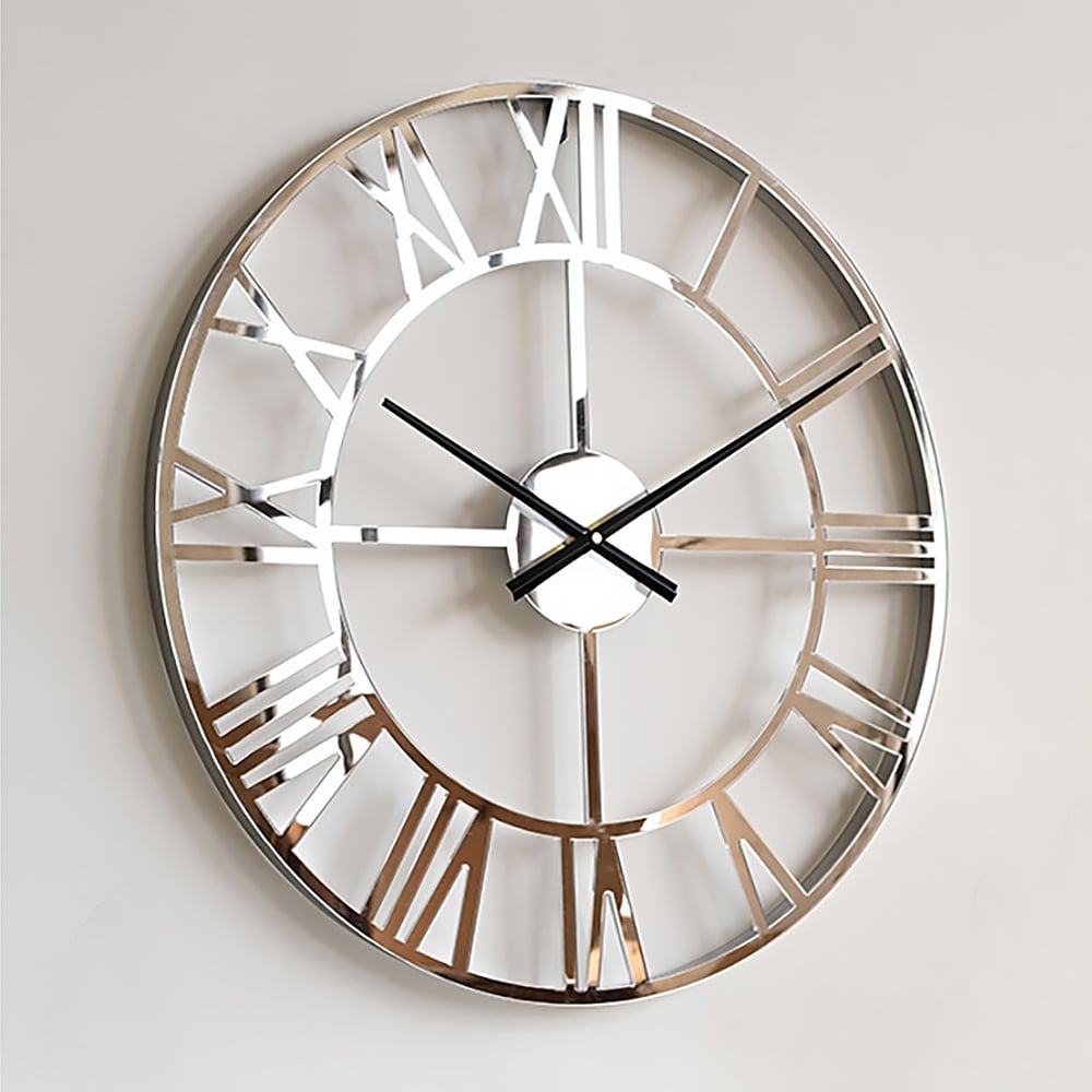 HMR - 23" Large Round Silver Roman Numeral Silent Wall Clock Modern Acrylic Decor Art