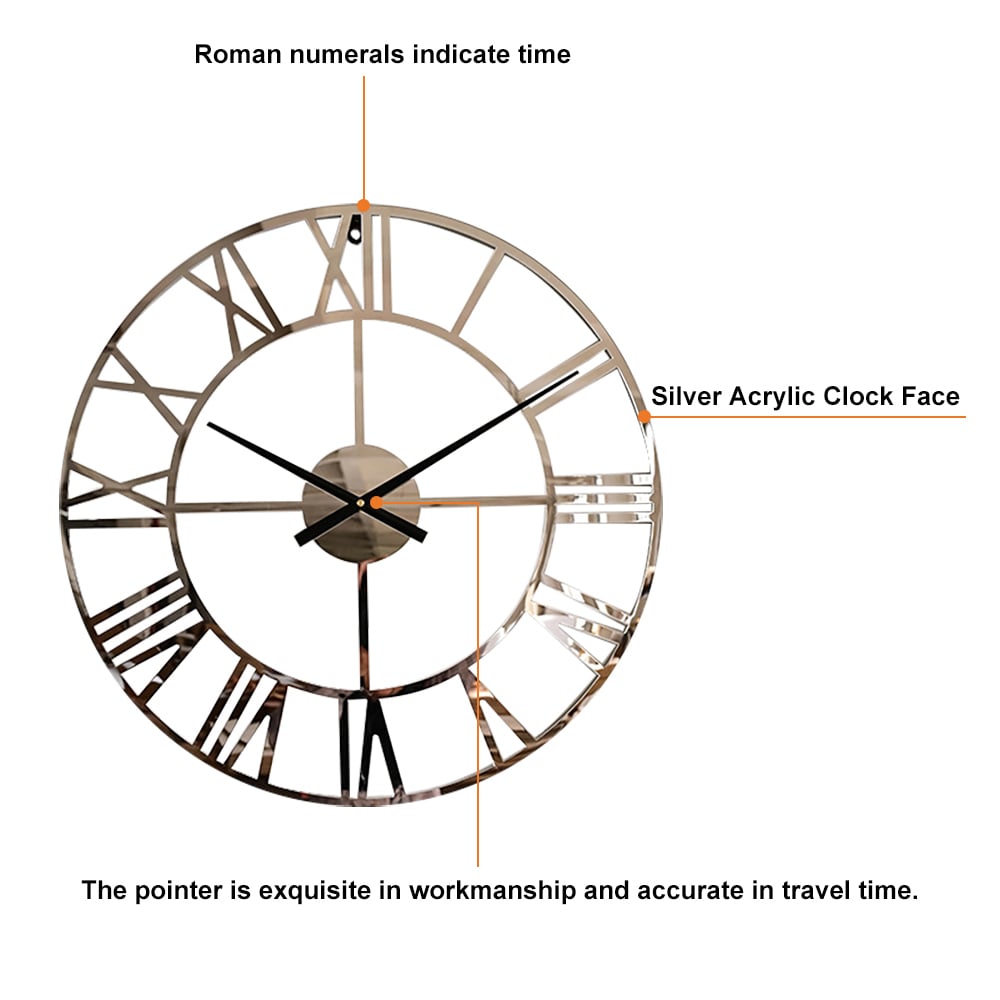 HMR - 23" Large Round Silver Roman Numeral Silent Wall Clock Modern Acrylic Decor Art