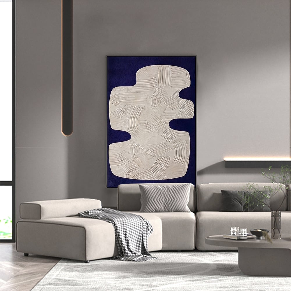 HMR - Japandi 3D Wall Decor for Living Room Home Abstract Art Painting with Frame Blue & White
