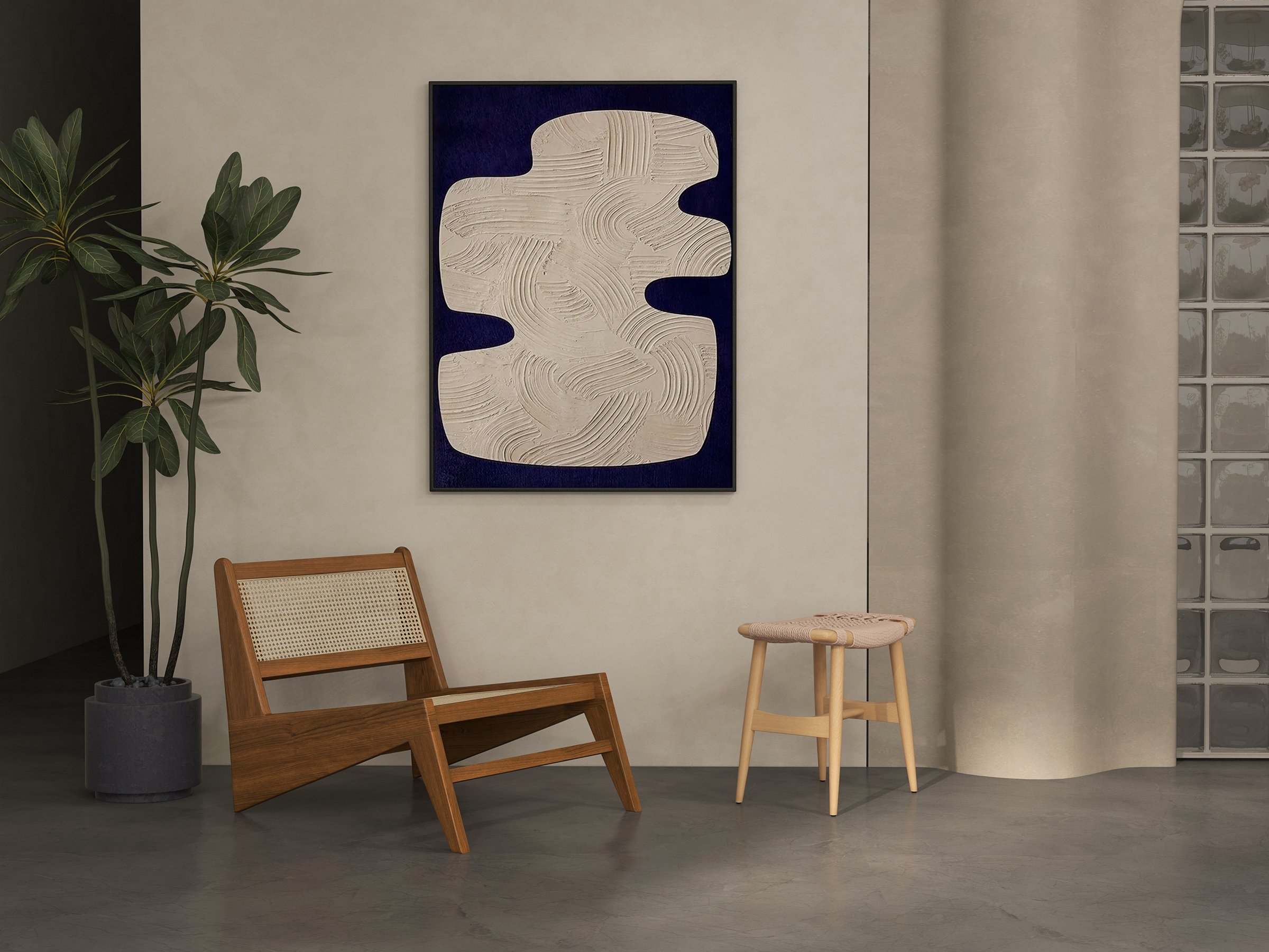 HMR - Japandi 3D Wall Decor for Living Room Home Abstract Art Painting with Frame Blue & White