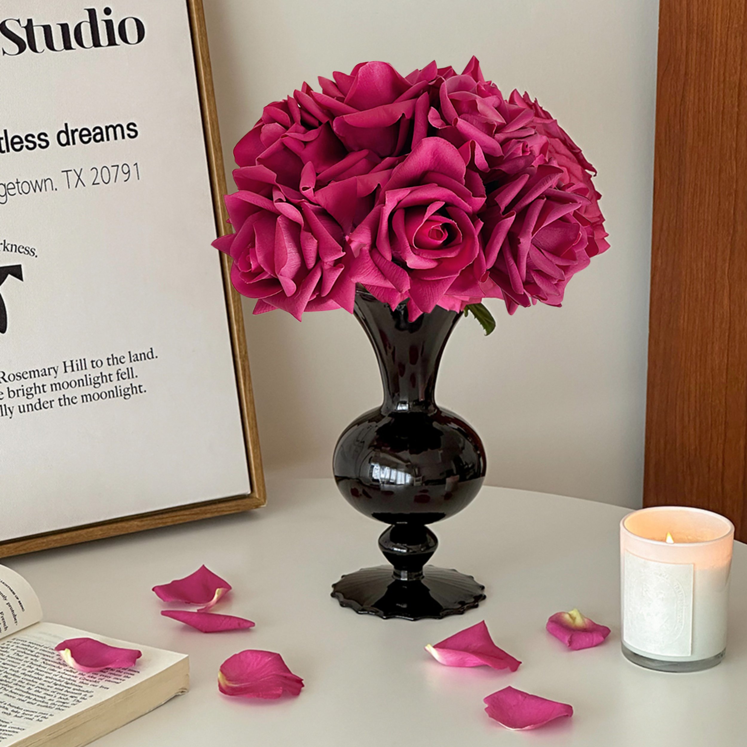 HMR - Modern Rose Artificial Flowers Arrangement in Black Vase Set