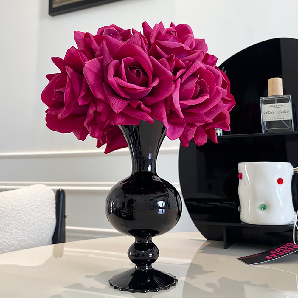 HMR - Modern Rose Artificial Flowers Arrangement in Black Vase Set