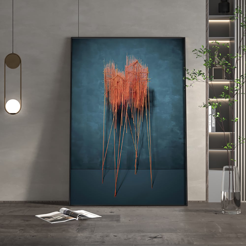 HMR - Farmhouse Wall Decor for Living Room 3D Nature Hanging Painting Art With Frame in Blue