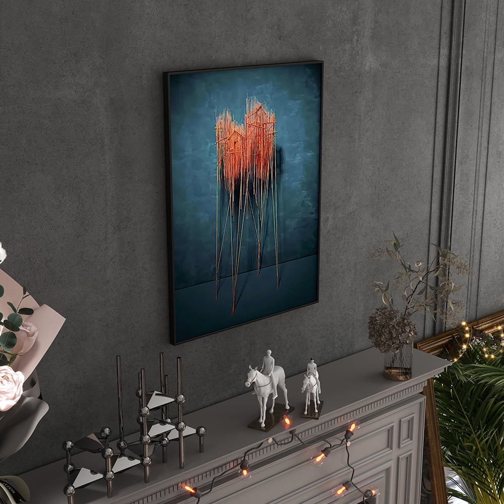 HMR - Farmhouse Wall Decor for Living Room 3D Nature Hanging Painting Art With Frame in Blue