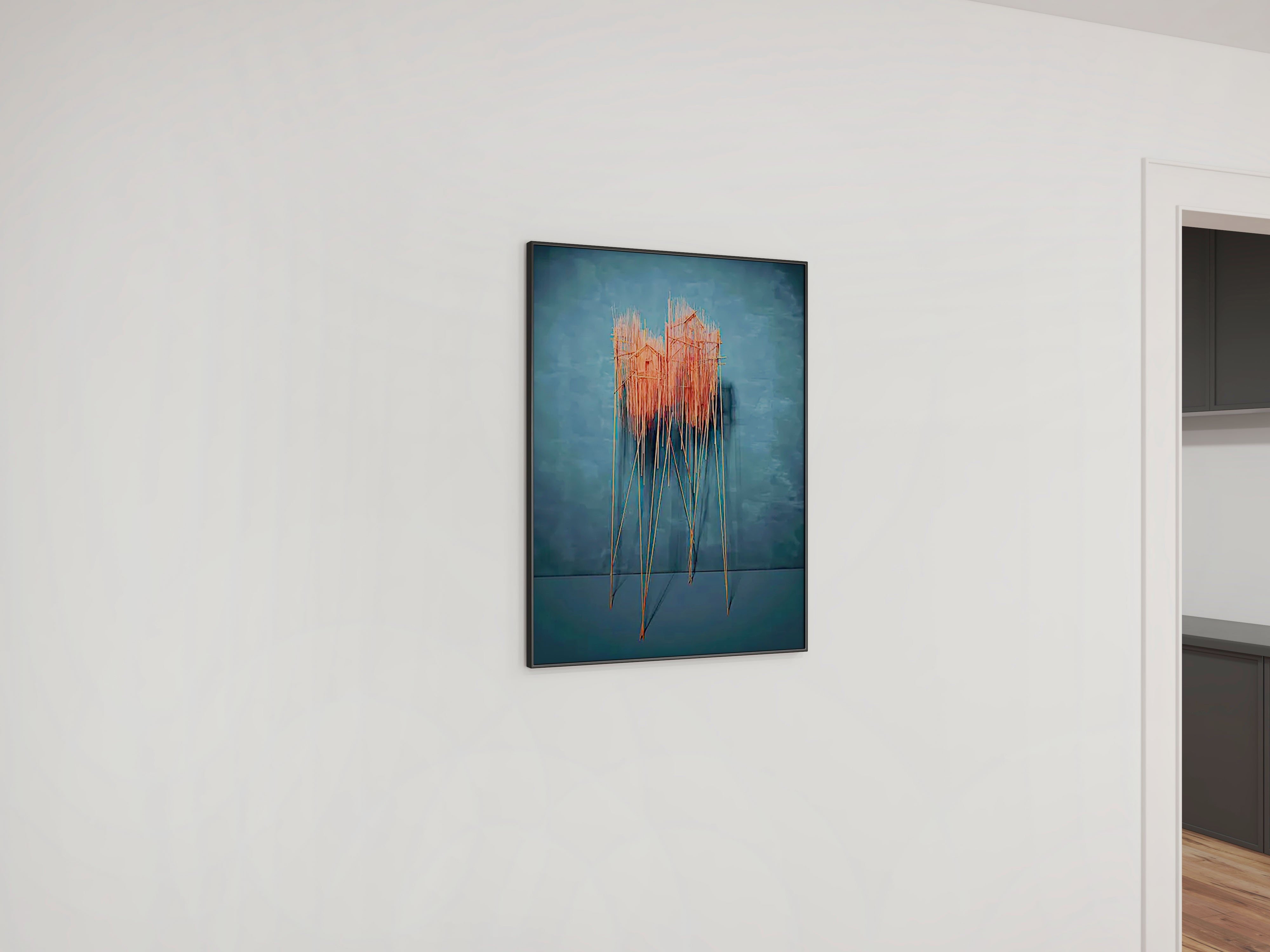 HMR - Farmhouse Wall Decor for Living Room 3D Nature Hanging Painting Art With Frame in Blue