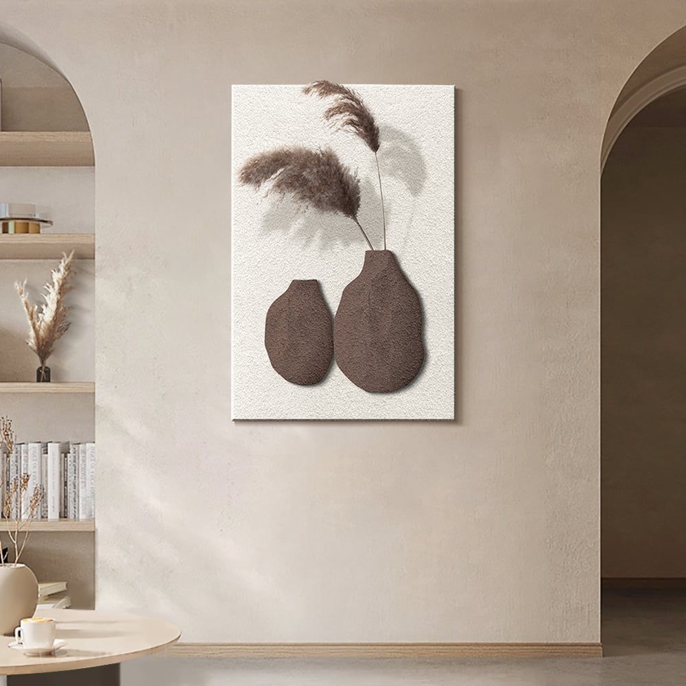 HMR - 27.6" Abstract Geometric Japandi Wall Art 3D Sculpture Decor With Vase in White & Brown