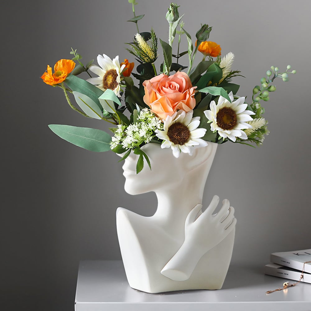 HMR - 9.4" Resin Statue Flower Vase Face Pots Bust Head Shaped Home Table Decor Art in White