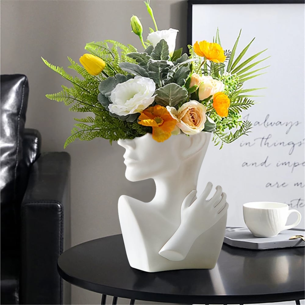 HMR - 9.4" Resin Statue Flower Vase Face Pots Bust Head Shaped Home Table Decor Art in White