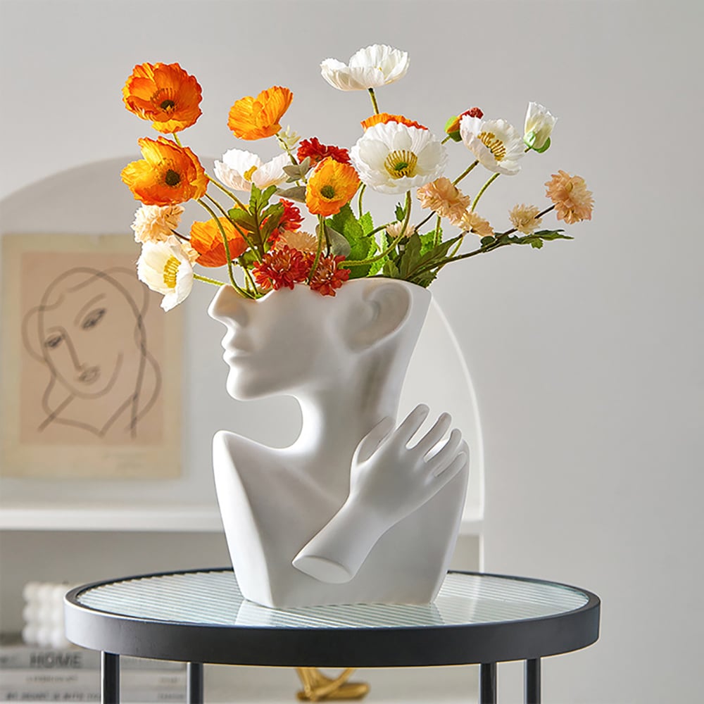 HMR - 9.4" Resin Statue Flower Vase Face Pots Bust Head Shaped Home Table Decor Art in White