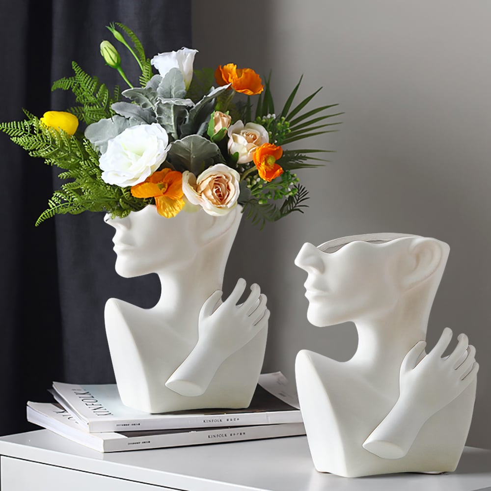 HMR - 9.4" Resin Statue Flower Vase Face Pots Bust Head Shaped Home Table Decor Art in White