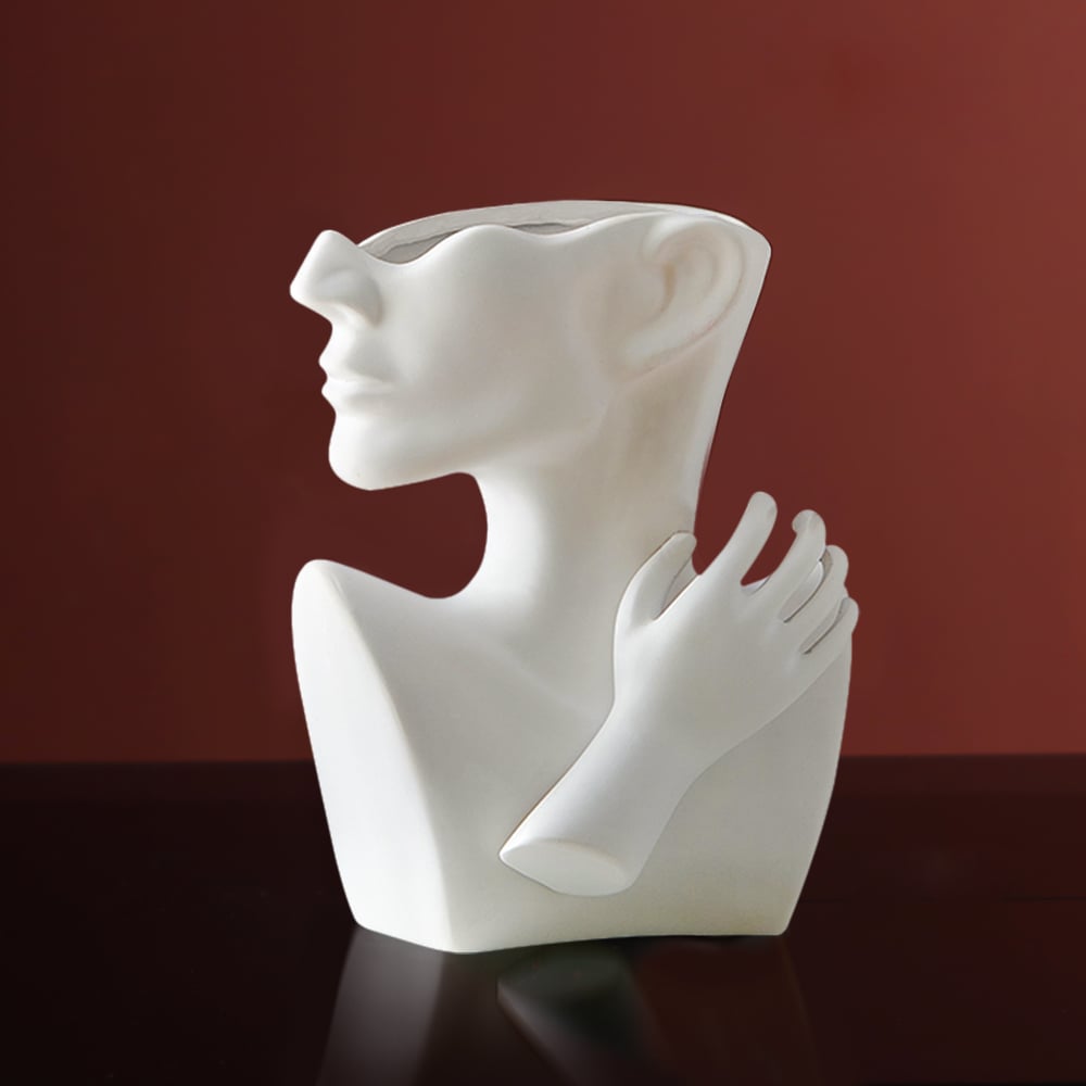 HMR - 9.4" Resin Statue Flower Vase Face Pots Bust Head Shaped Home Table Decor Art in White