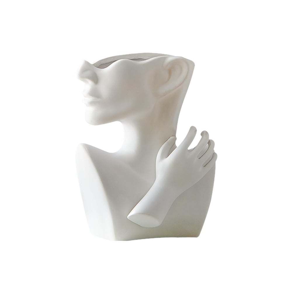 HMR - 9.4" Resin Statue Flower Vase Face Pots Bust Head Shaped Home Table Decor Art in White