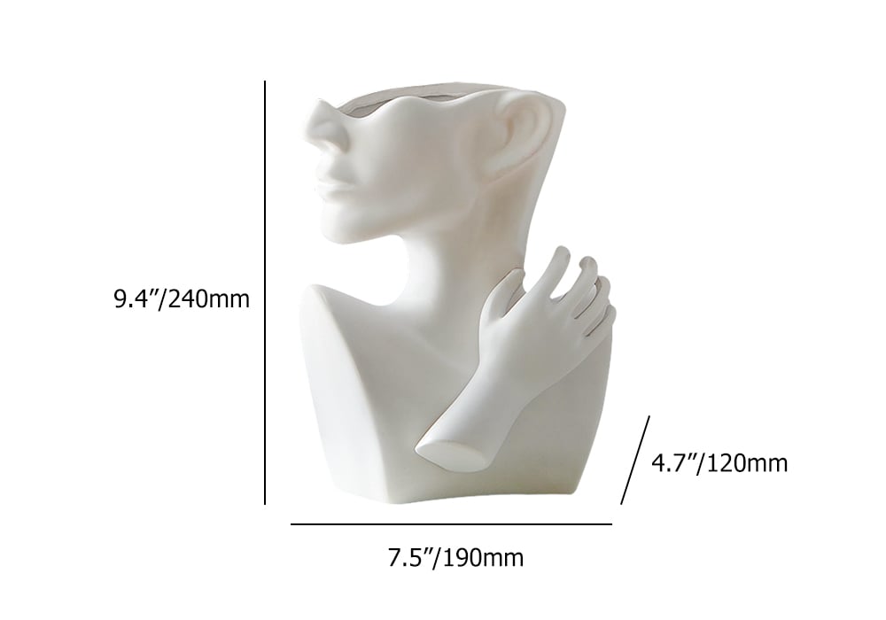 HMR - 9.4" Resin Statue Flower Vase Face Pots Bust Head Shaped Home Table Decor Art in White