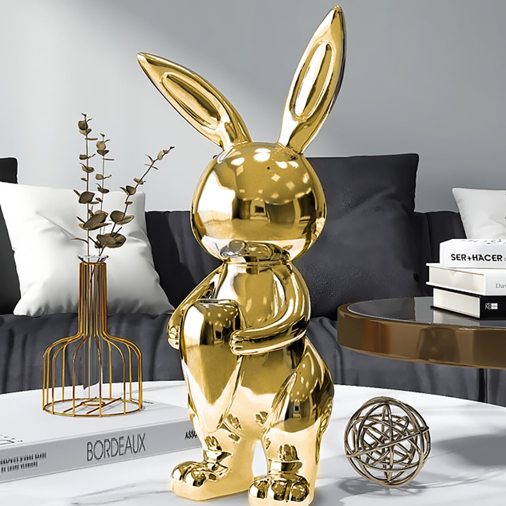 HMR - 16.1" Gold Shiny Resin Rabbit Statue Animal Art Decorative Sculpture Home Decor Vase