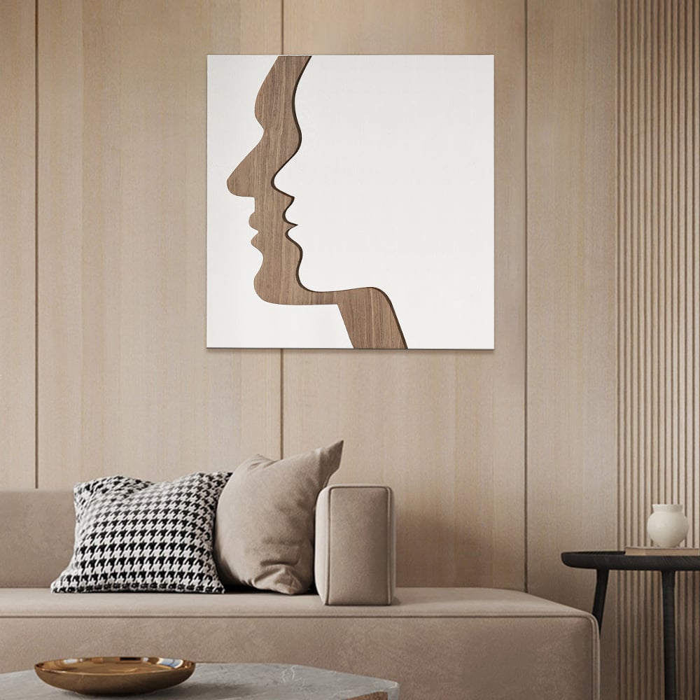 HMR - 23.6" Abstract & Geometric Human Face Wall Decor Art Living Room Bedroom White & Walnut