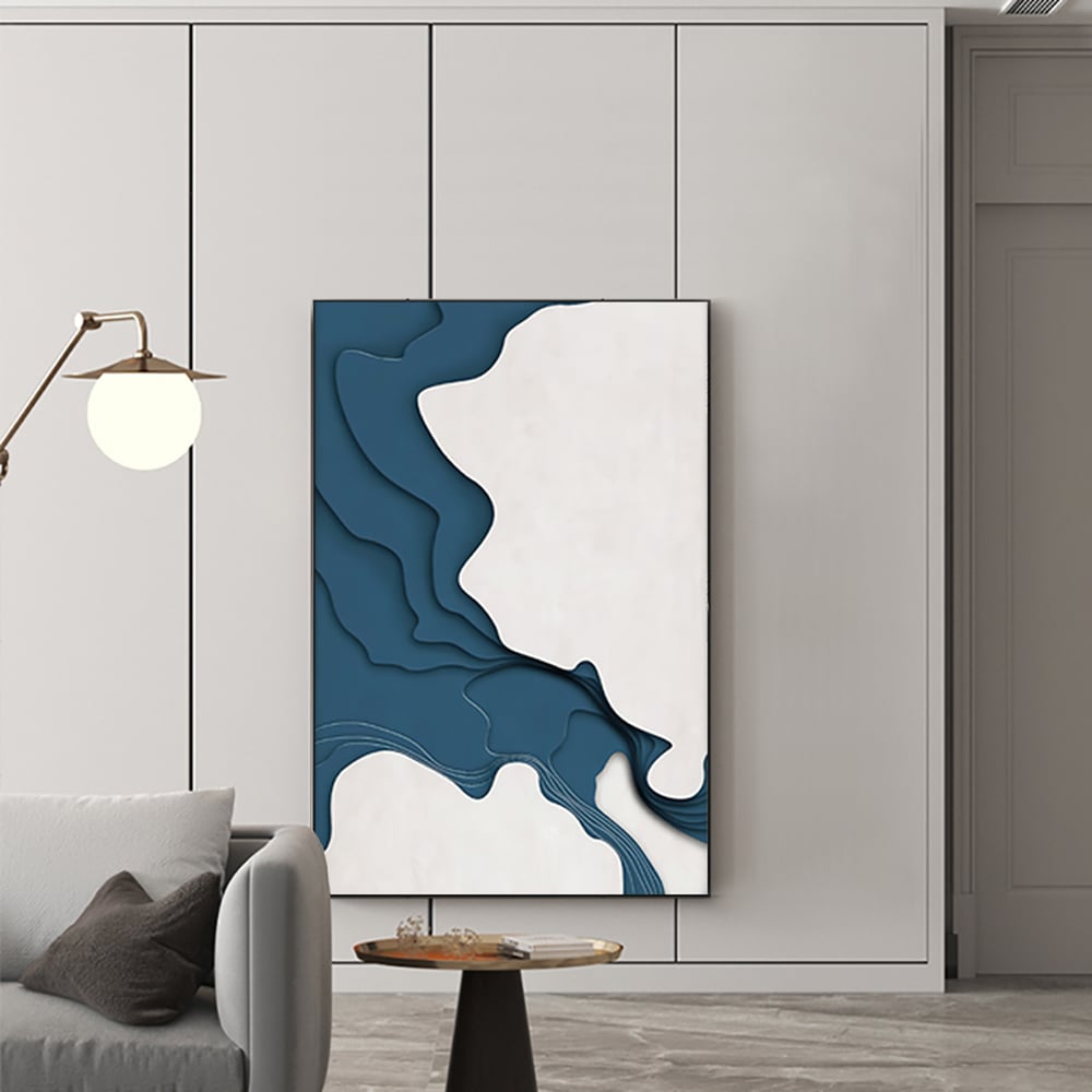 HMR - Modern Rectangle Wall Decor Abstract Canvas Print Art with Frame in Blue & White