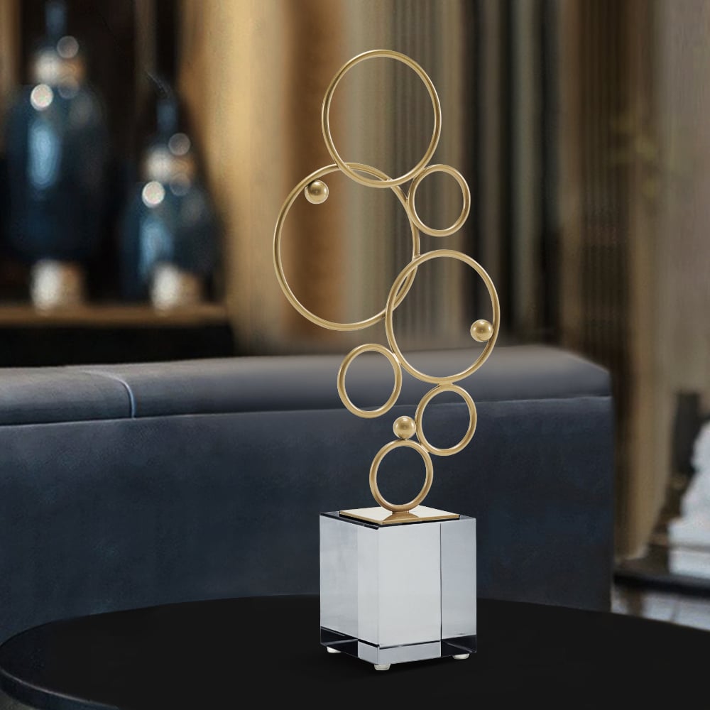 HMR - 16.1" Gold Geometric Metal Ring Sculpture Art Decor Ornament with Clear Crystal Base