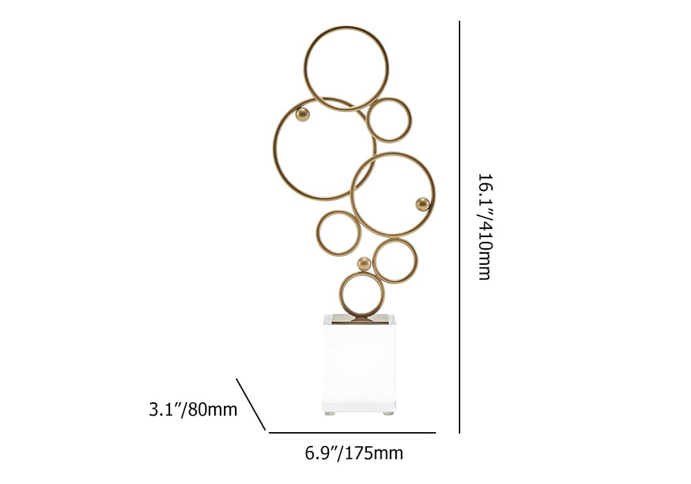 HMR - 16.1" Gold Geometric Metal Ring Sculpture Art Decor Ornament with Clear Crystal Base