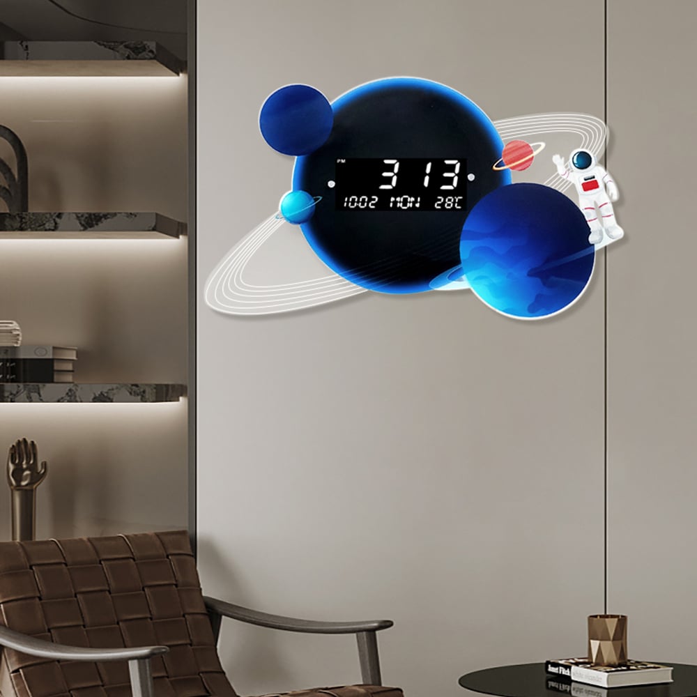 HMR - 23.6" LED Digital Display Modern Acrylic Blue Space Astronaut Wall Clock Decor Art