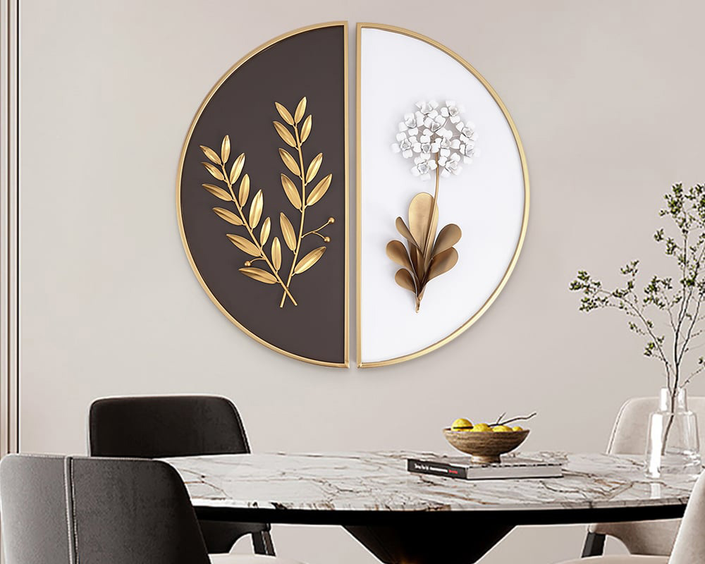 HMR 2-Pieces Glam Metal Bedroom Wall Decor Home Art with Semi-Circle Design - White & Brown