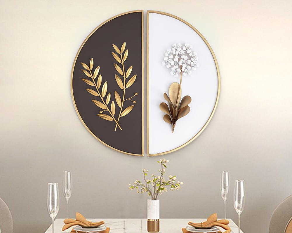 HMR 2-Pieces Glam Metal Bedroom Wall Decor Home Art with Semi-Circle Design - White & Brown