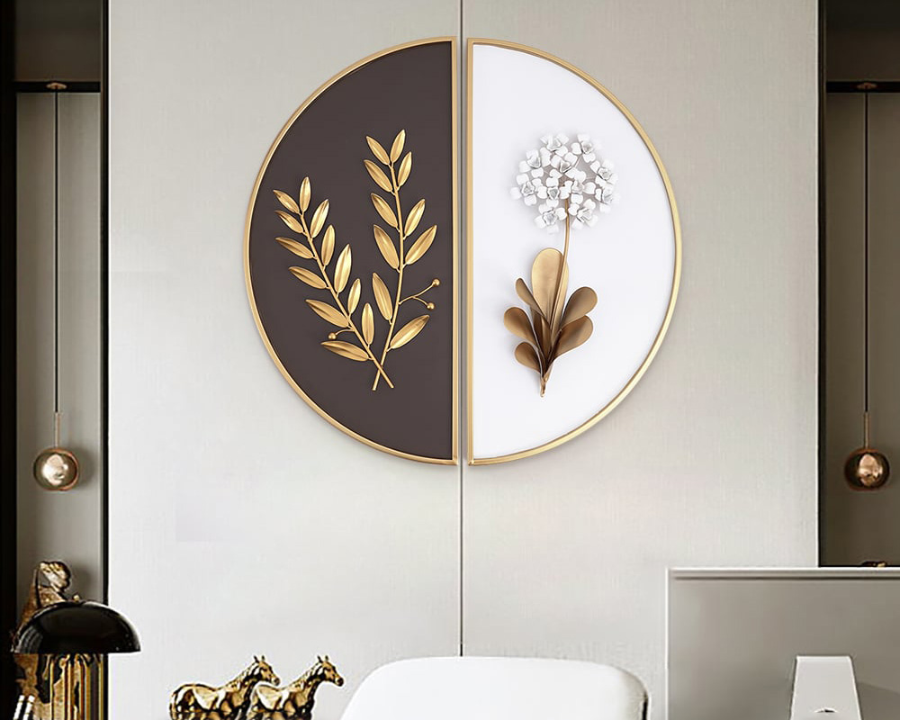 HMR 2-Pieces Glam Metal Bedroom Wall Decor Home Art with Semi-Circle Design - White & Brown