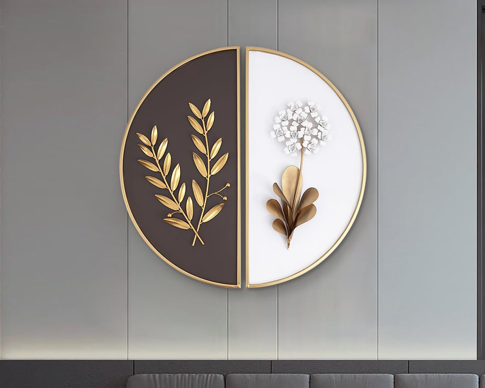 HMR 2-Pieces Glam Metal Bedroom Wall Decor Home Art with Semi-Circle Design - White & Brown