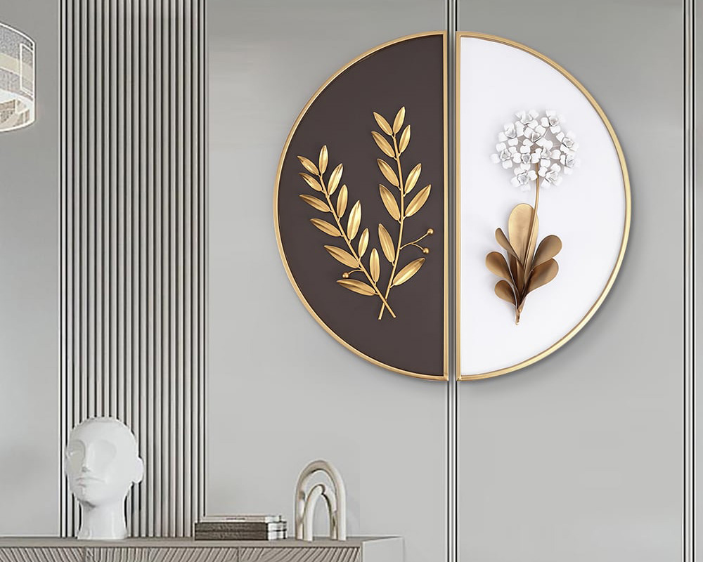 HMR 2-Pieces Glam Metal Bedroom Wall Decor Home Art with Semi-Circle Design - White & Brown