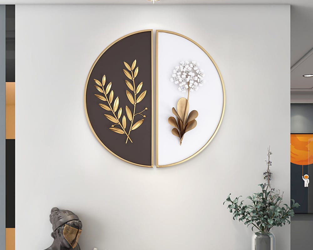 HMR 2-Pieces Glam Metal Bedroom Wall Decor Home Art with Semi-Circle Design - White & Brown