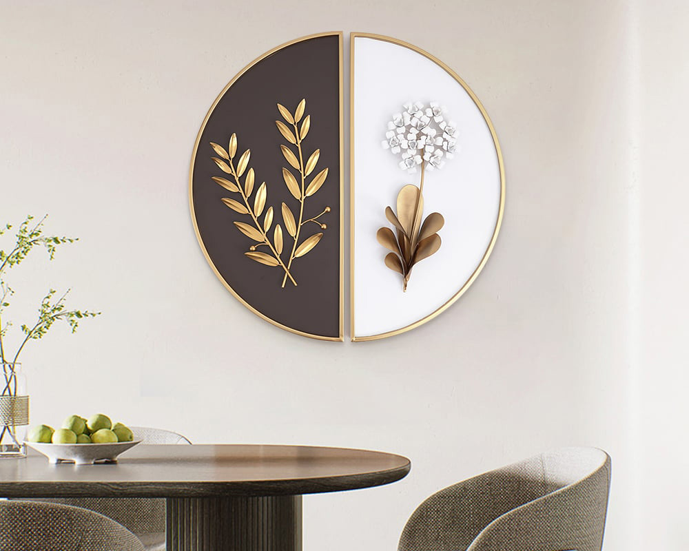 HMR 2-Pieces Glam Metal Bedroom Wall Decor Home Art with Semi-Circle Design - White & Brown
