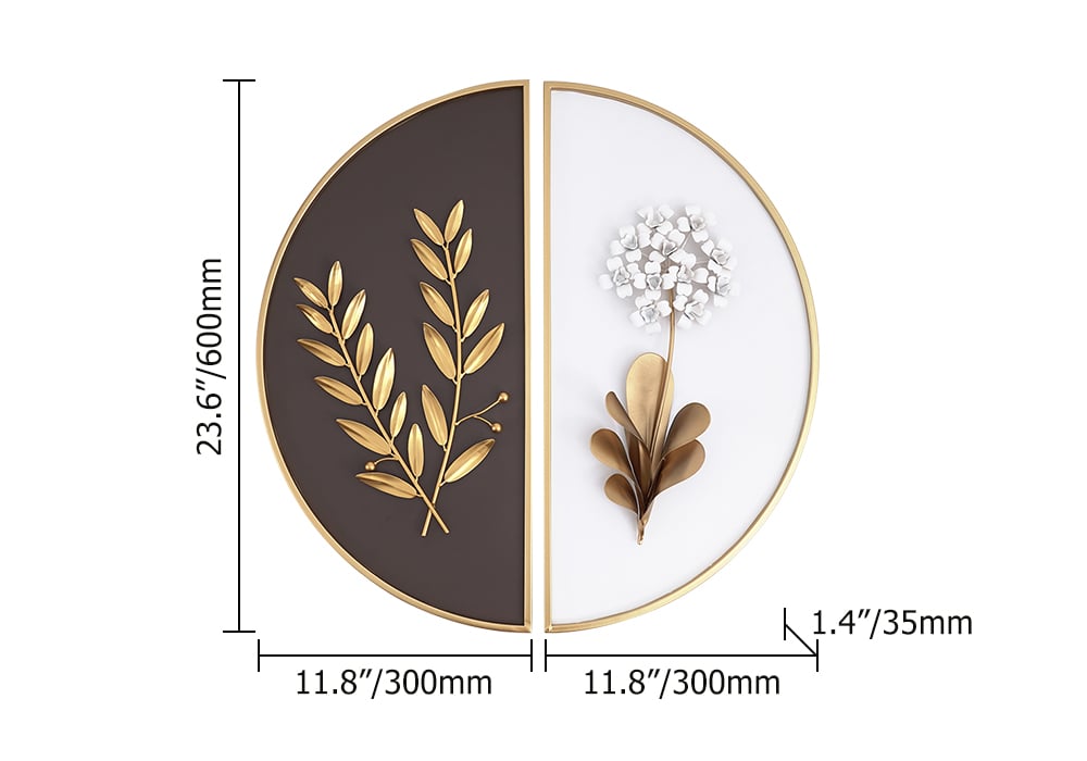 HMR 2-Pieces Glam Metal Bedroom Wall Decor Home Art with Semi-Circle Design - White & Brown