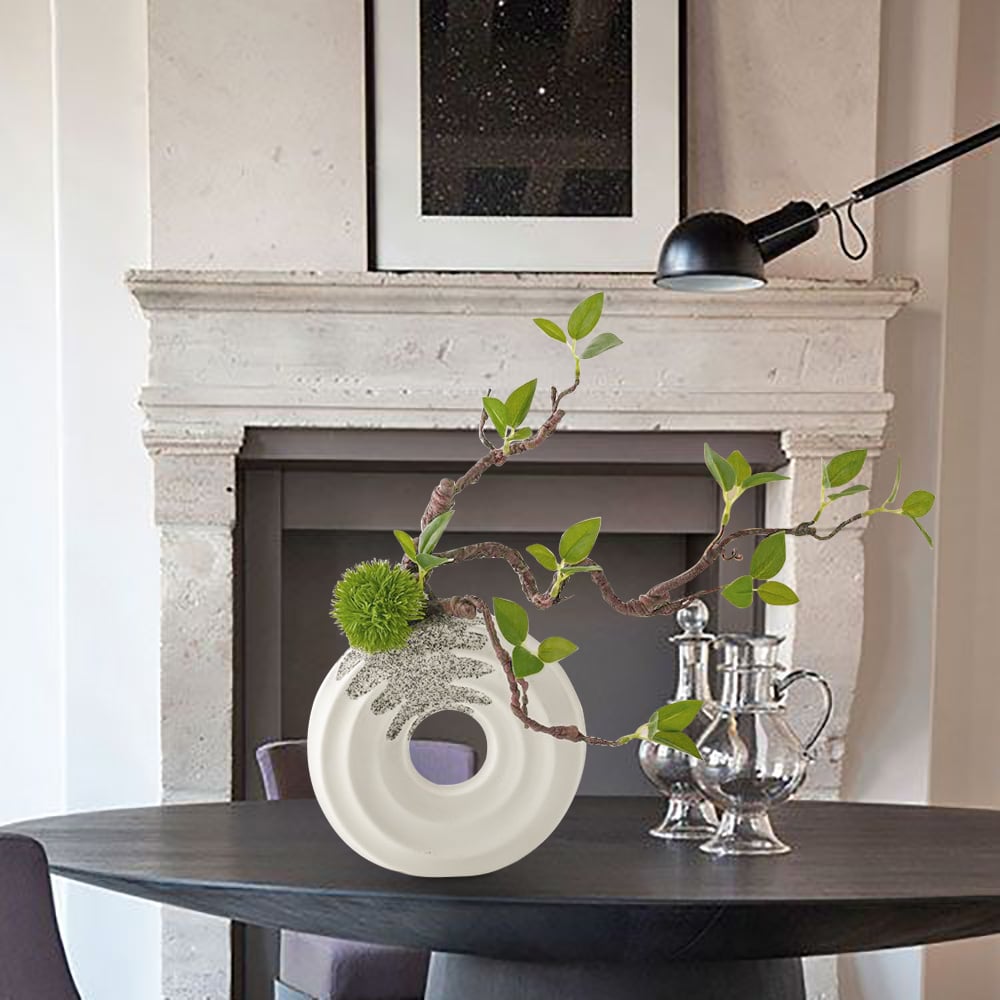 HMR - 15" Artificial Tree With White Ceramic Base Vase Faux Plastic Plant Decor Art Indoor
