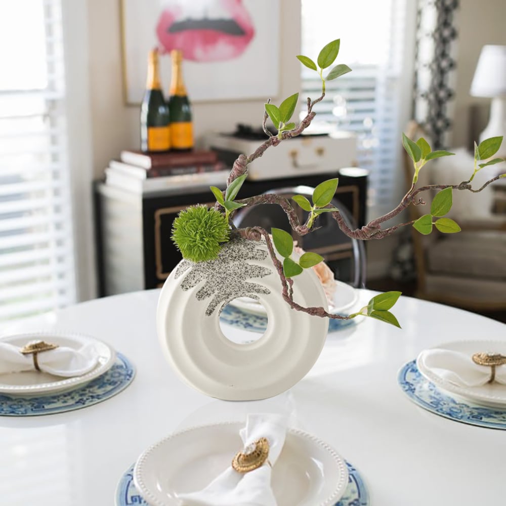 HMR - 15" Artificial Tree With White Ceramic Base Vase Faux Plastic Plant Decor Art Indoor