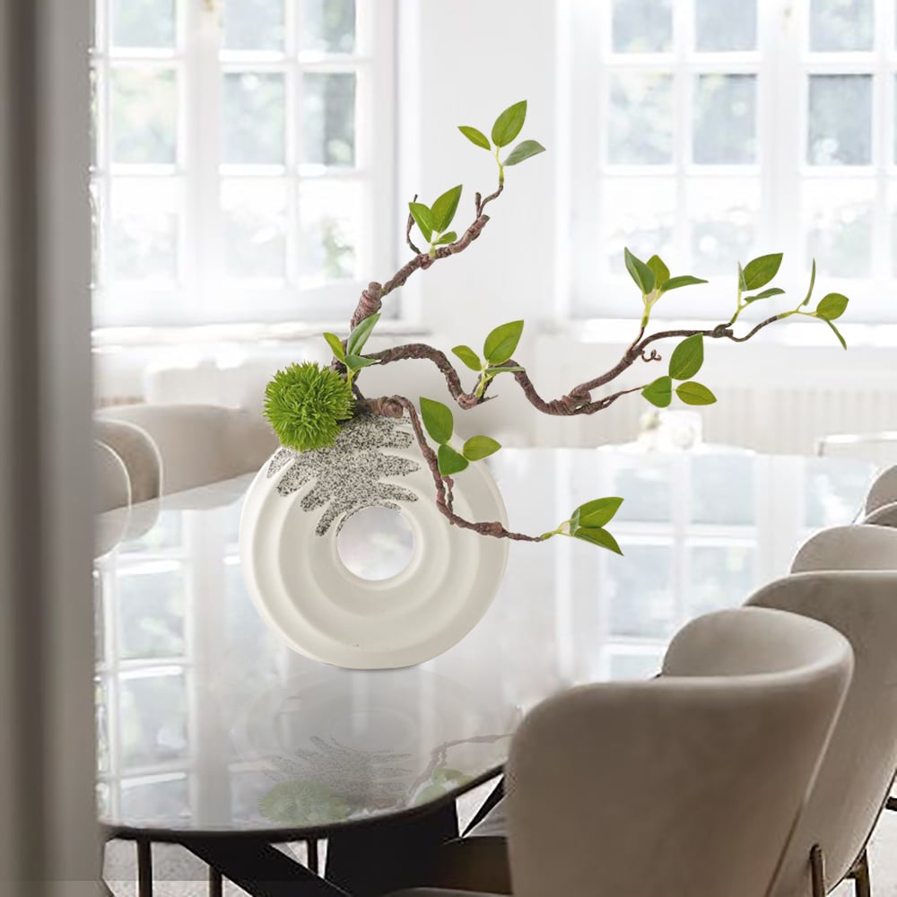 HMR - 15" Artificial Tree With White Ceramic Base Vase Faux Plastic Plant Decor Art Indoor