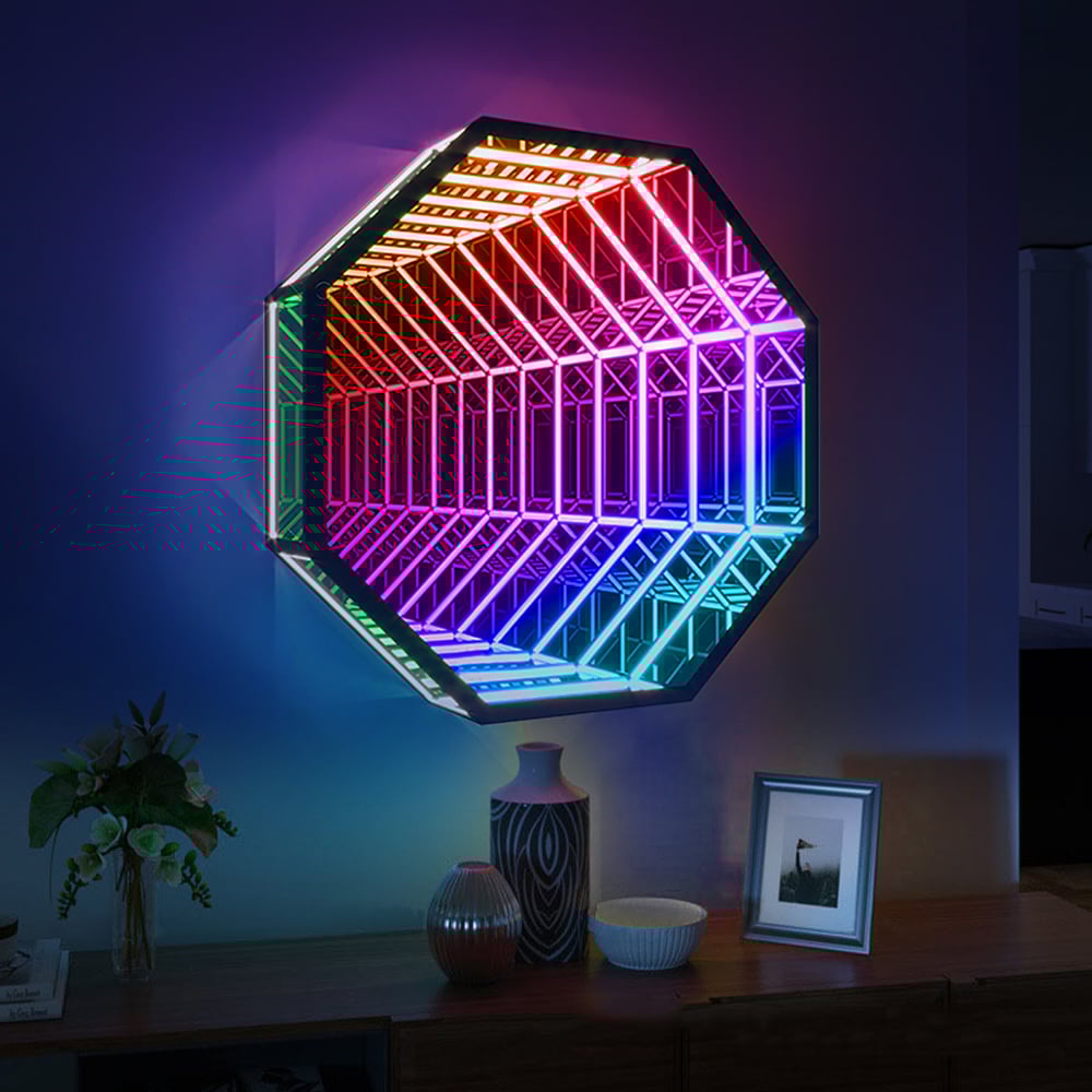 HMR - 3D Octagon LED Tunnel Infinity Wall Mirror Decor Light Art Party Living Room Bedroom