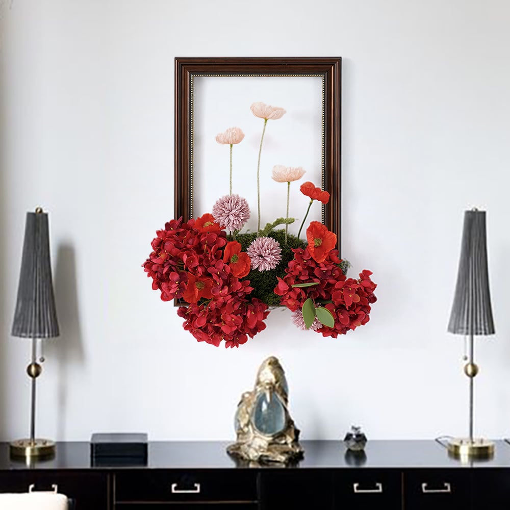 HMR - Vintage Red Fake Flower Arrangements Wall Hanging Decoration Artificial Silk Flower